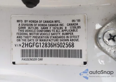 2006 Honda Civic Ex из США, поврежденный, VIN 2HGFG12836H502568